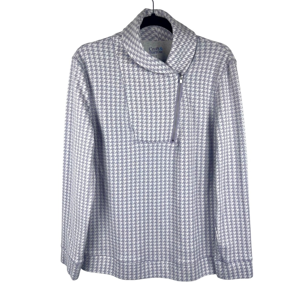 Croft & Barrow Women's Small Gray White Houndstooth Cowl Neck Zip Sweater Top